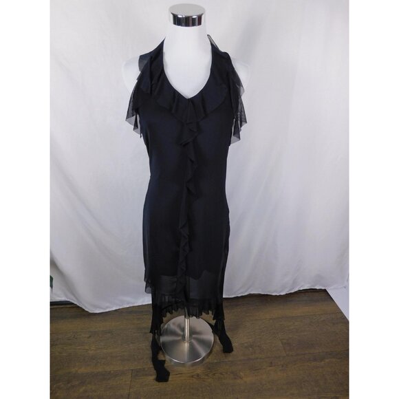 Black Sheer Ruffle High Low Halter Dress Glam Witch L - Picture 2 of 13